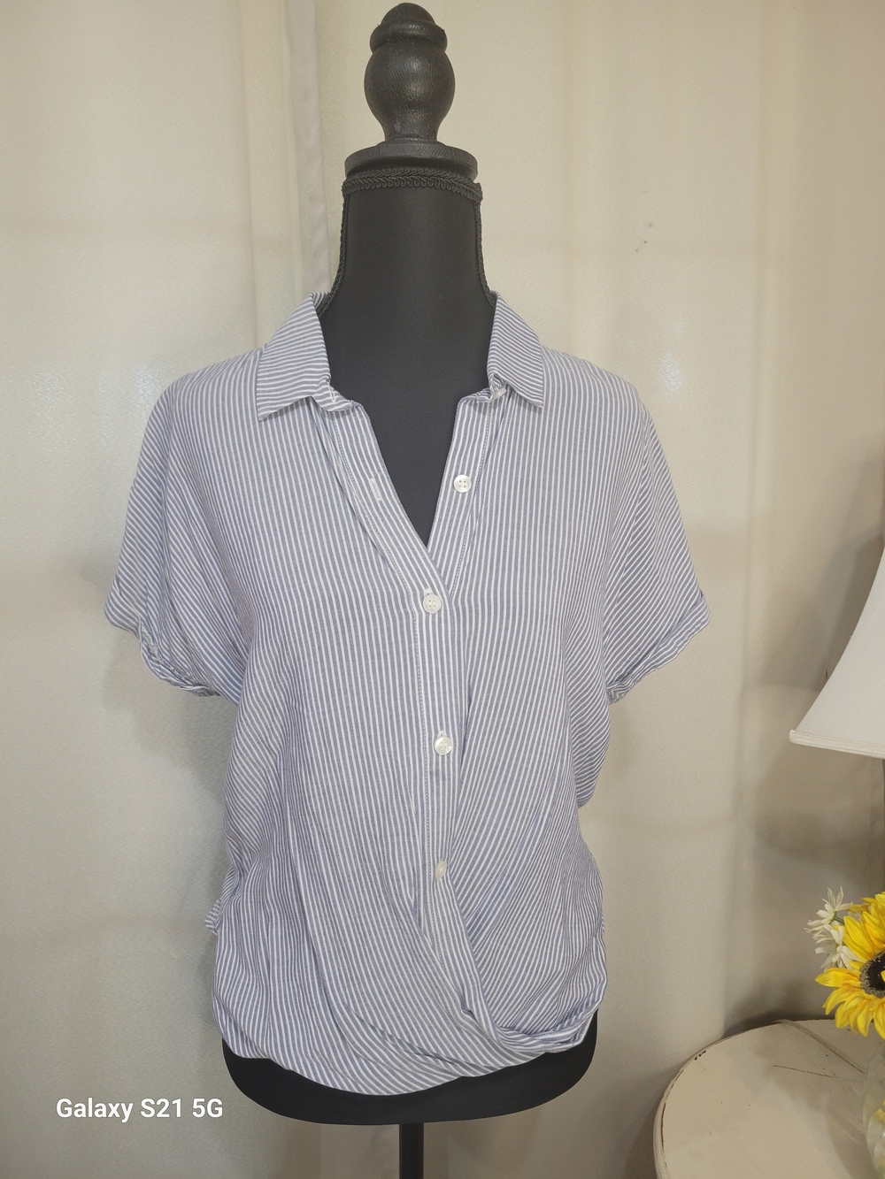 BCBGeneration Light Blue and White Striped Short-Sleeve Button-Up Shirt